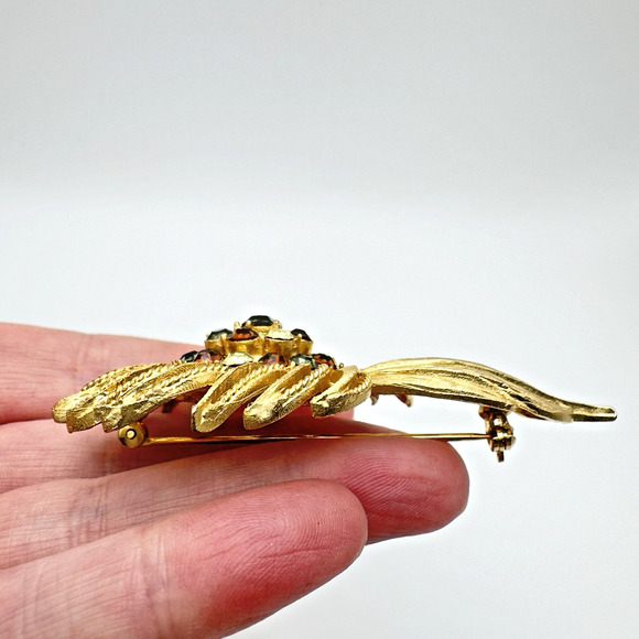 Vintage Rhinestone Flower Brooch Gold Tone Domed Green Brown Yellow Glass 3" - Picture 5 of 6